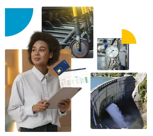 Colagem mostrando uma mulher com tablet e várias aplicações de IoT (esteira de exercícios, medidor de pressão industrial, bicicleta elétrica e monitoramento ambiental)