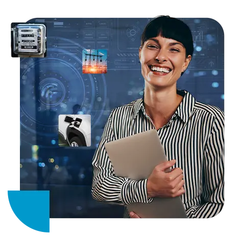 Mulher sorridente segurando tablet em ambiente tecnológico com ícones de energia e conectividade M2M/IoT, com qualidade Datatem