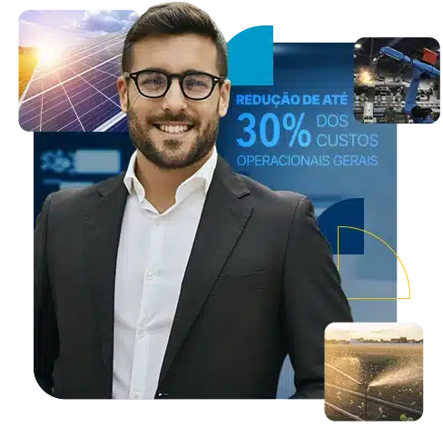 Homem de negócios sorridente com óculos, cercado por imagens de painéis solares, braço robótico e campo irrigado, com texto sobre redução de custos operacionais, representando a qualidade da conectividade M2M/IoT da Datatem.
