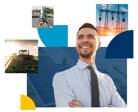 Colagem com homem de negócios sorridente no centro, cercado por imagens de equipamento topográfico, torres de energia elétrica e trator em um campo agrícola, representando aplicação de conectividade móvel M2M/IoT de qualidade com os chips da Datatem.