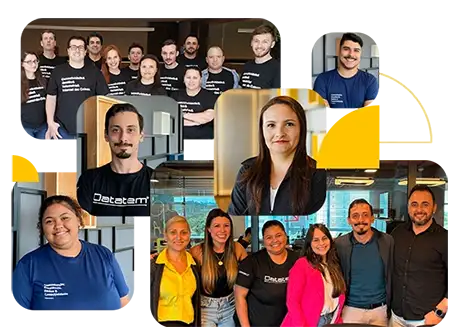 Equipe diversa da Datatem colaborando em um ambiente de trabalho moderno, demonstrando cultura e valores da empresa