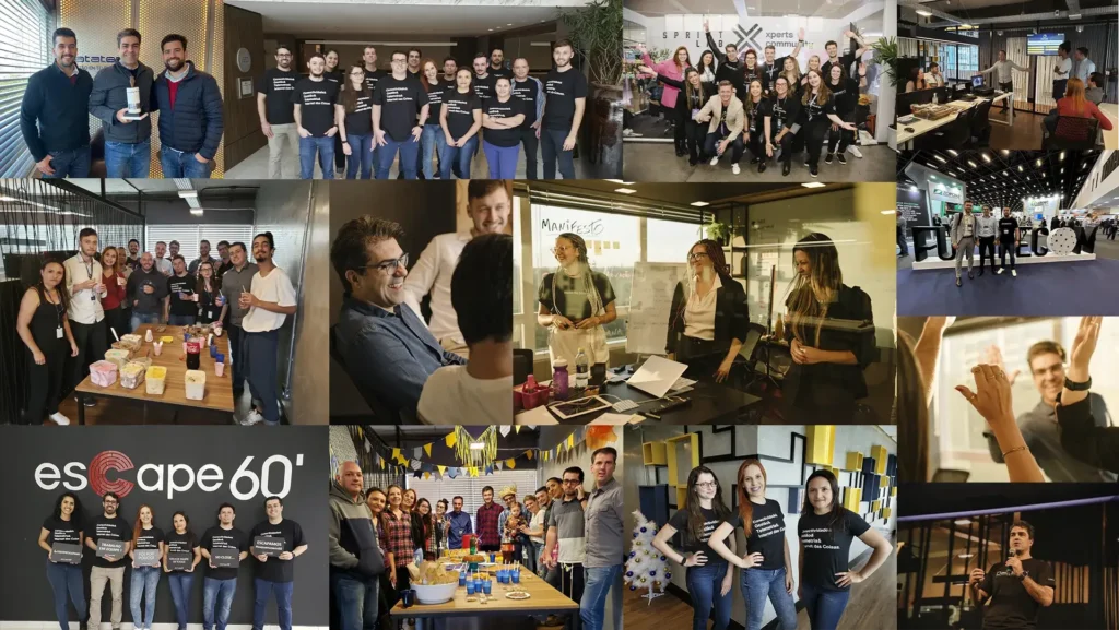 Colagem de fotos mostrando momentos marcantes da equipe da Datatem em eventos e atividades internas.