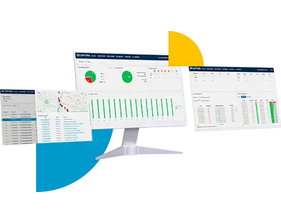 Plataforma de gestão de conectividade M2M/IoT da Datatem exibindo telas de relatórios e dashboards gerenciais, telas de consumo de chips de cada franquia, integração com todos ERPs, gestão de tecnologias 2G, 3G, 4G e 5G.
