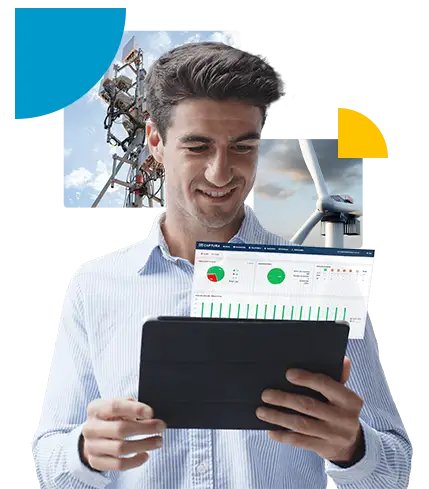 Homem sorridente segurando um tablet com gráficos, sobreposto por imagens de uma torre de telecomunicações e uma turbina eólica, com formas geométricas coloridas ao fundo.