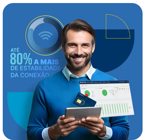 Homem sorridente segurando um tablet e um cartão SIM, com gráficos ao fundo, escrito até 80% a mais de estabilidade de conexão.